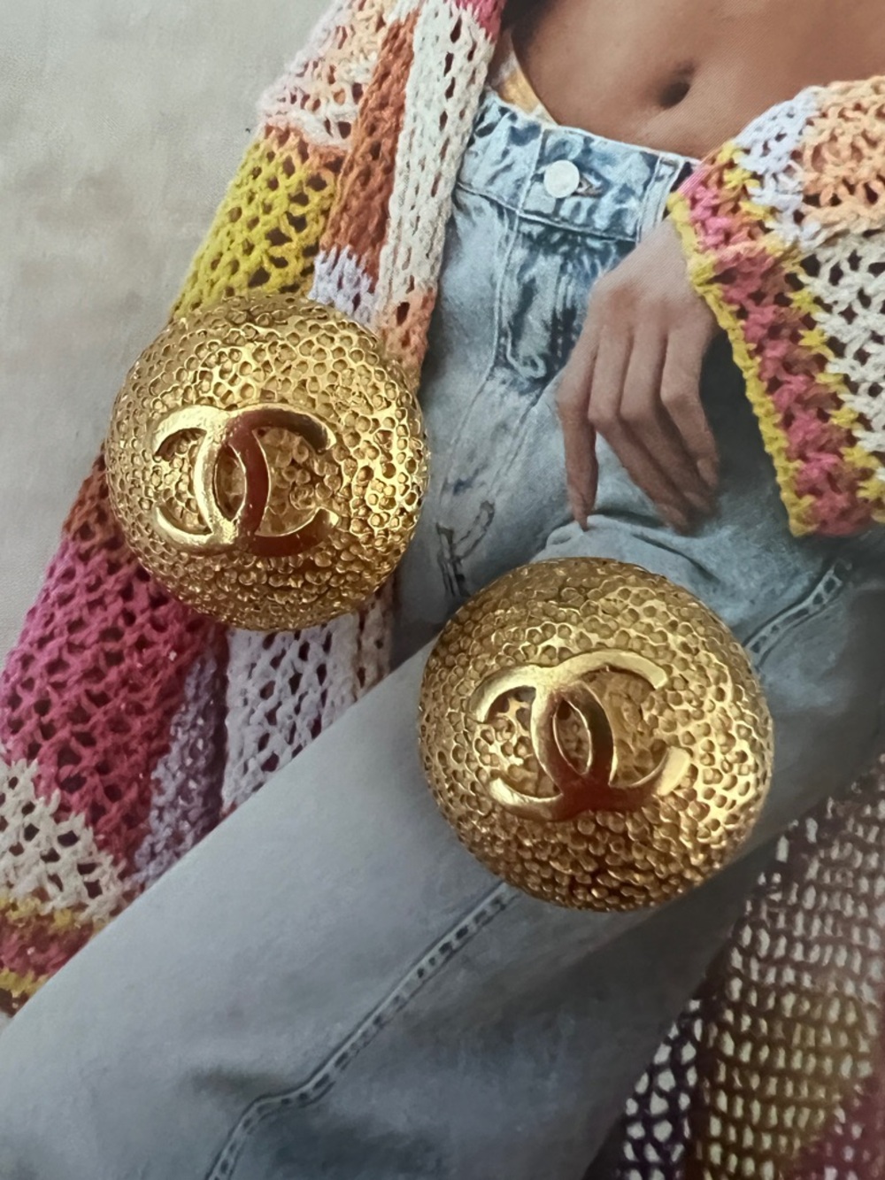 Vintage CHANEL Gold Textured CC Button Clip on Earrings